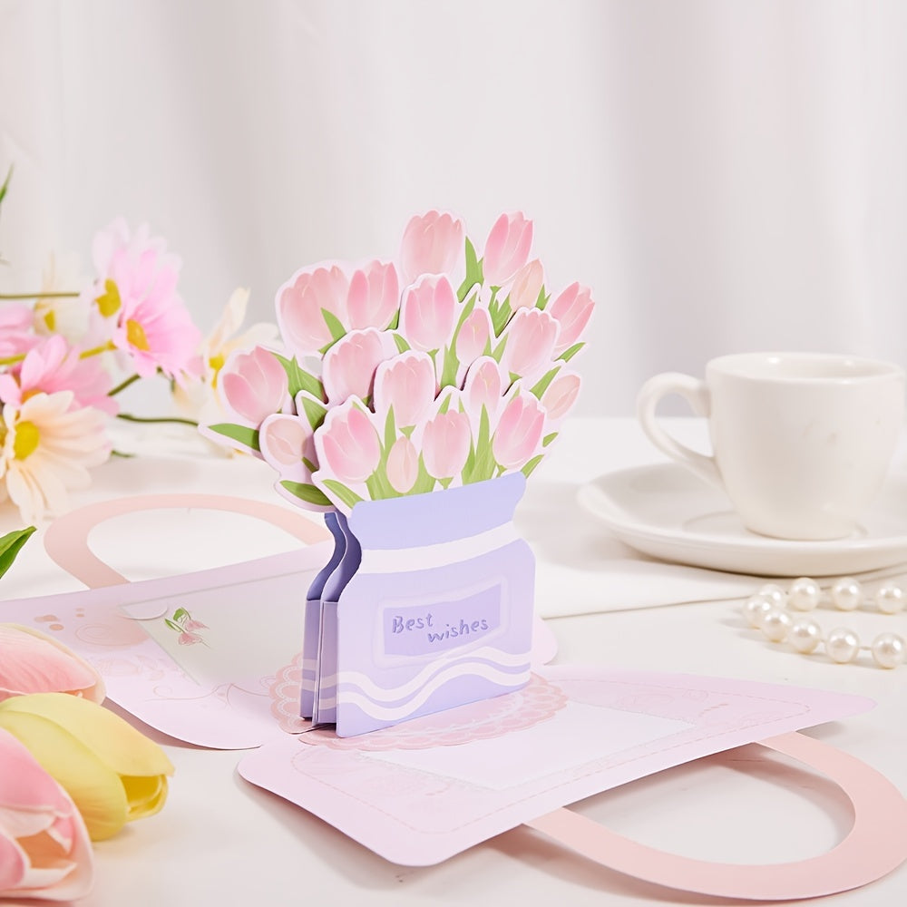 3D Pop Up Tulip Flower Basket Greeting Card with Envelope