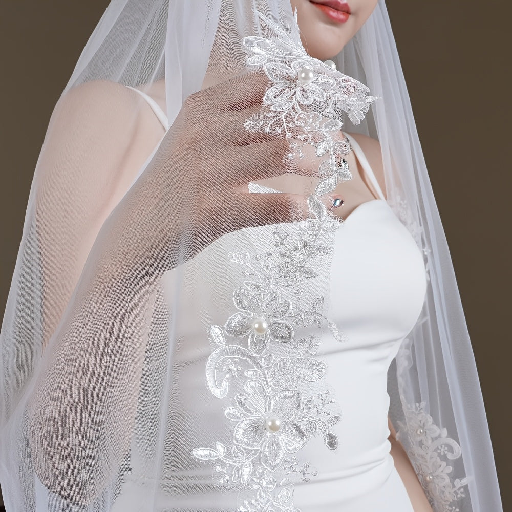 Romantic Bridal Veil with Lace and Faux Pearls