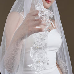 Romantic Bridal Veil with Lace and Faux Pearls
