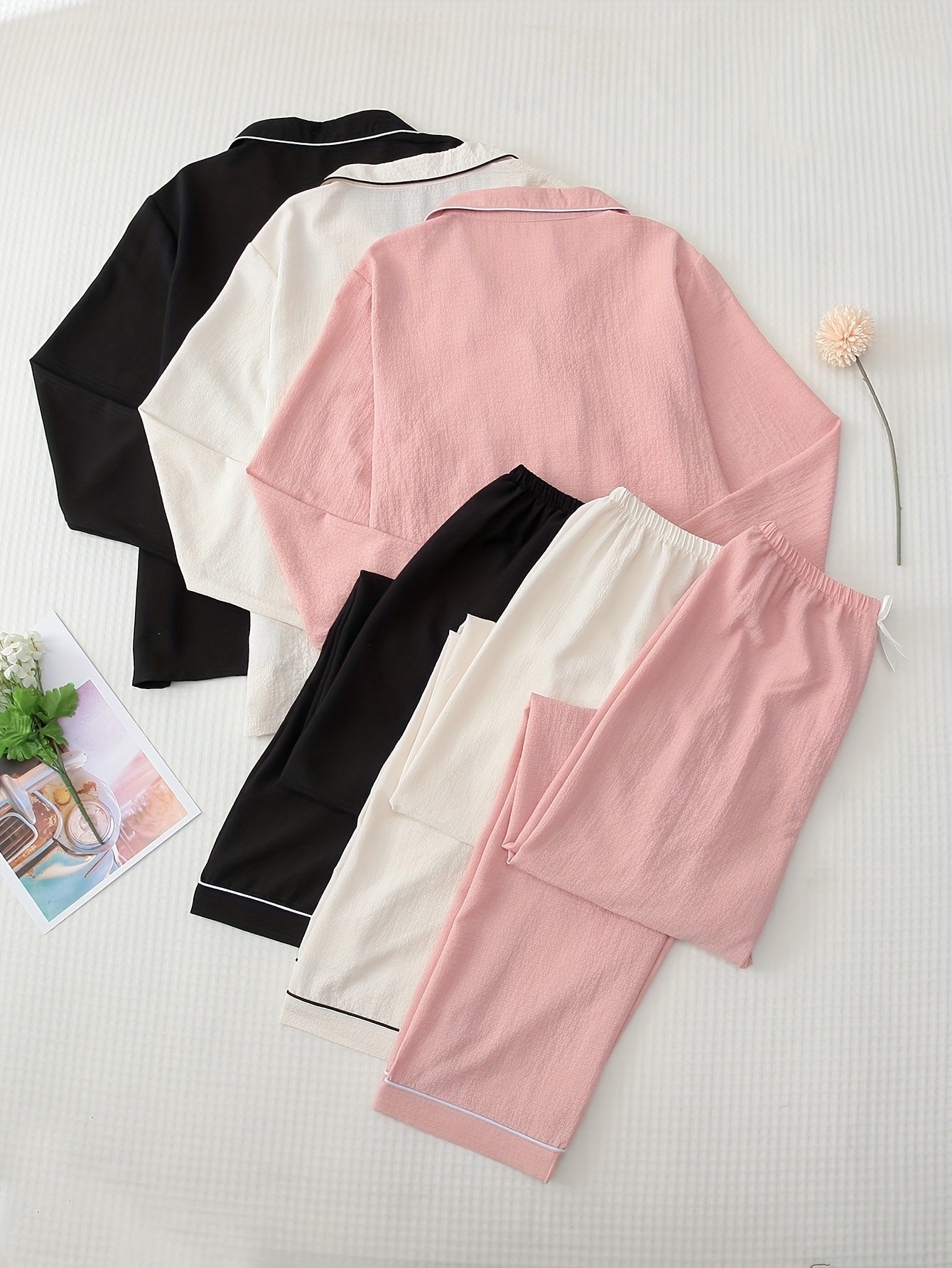3 Sets Heart Print Pajama Set Long Sleeve Top & Pants Sleepwear