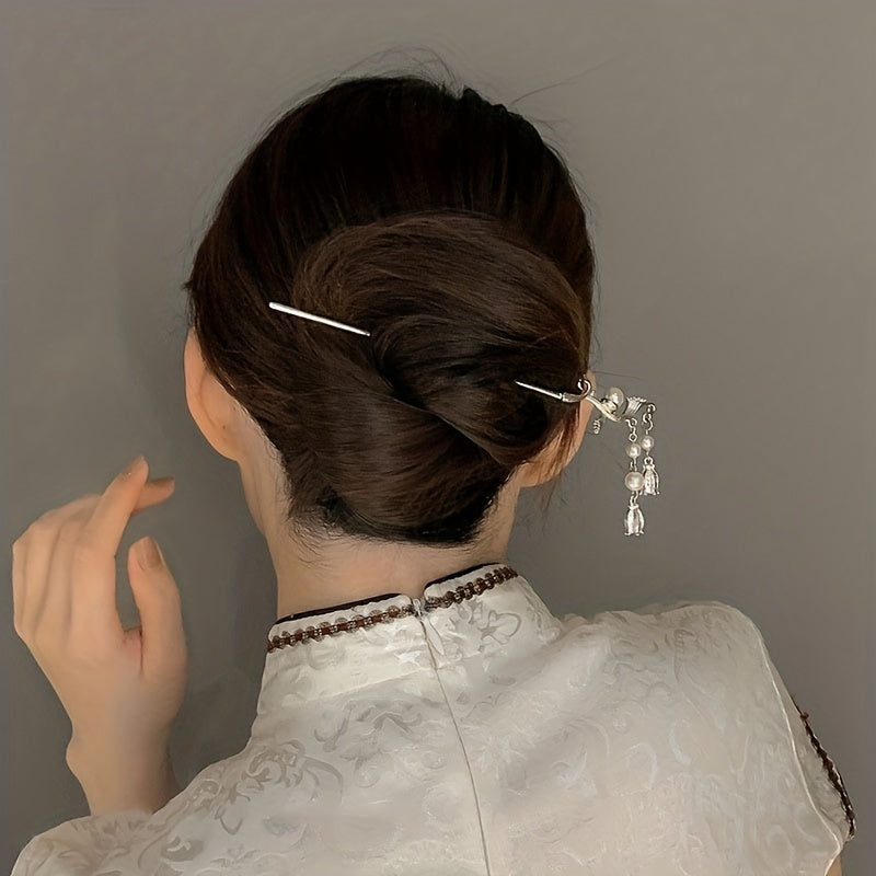 Vintage Hairpin With Faux Pearl Tassel Metal Hair Stick