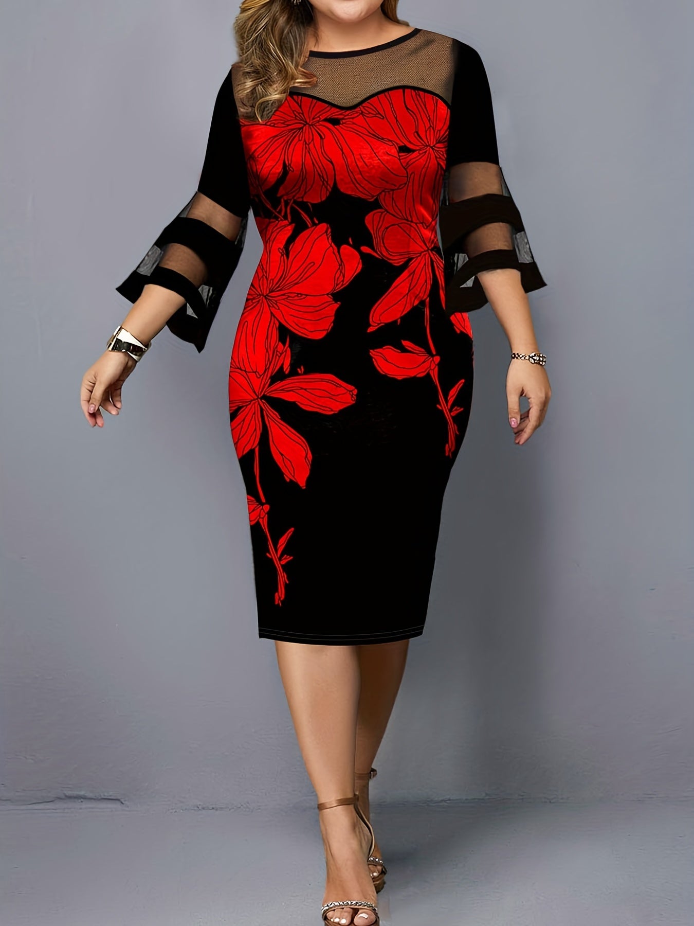 Women's Plus Floral Print Mesh Bell Sleeve Dress