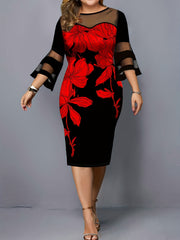 Women's Plus Floral Print Mesh Bell Sleeve Dress