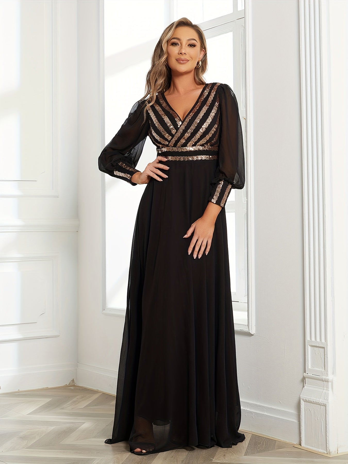 Sequined Surplice Neck Dress Sleeveless Ankle Dress for Party