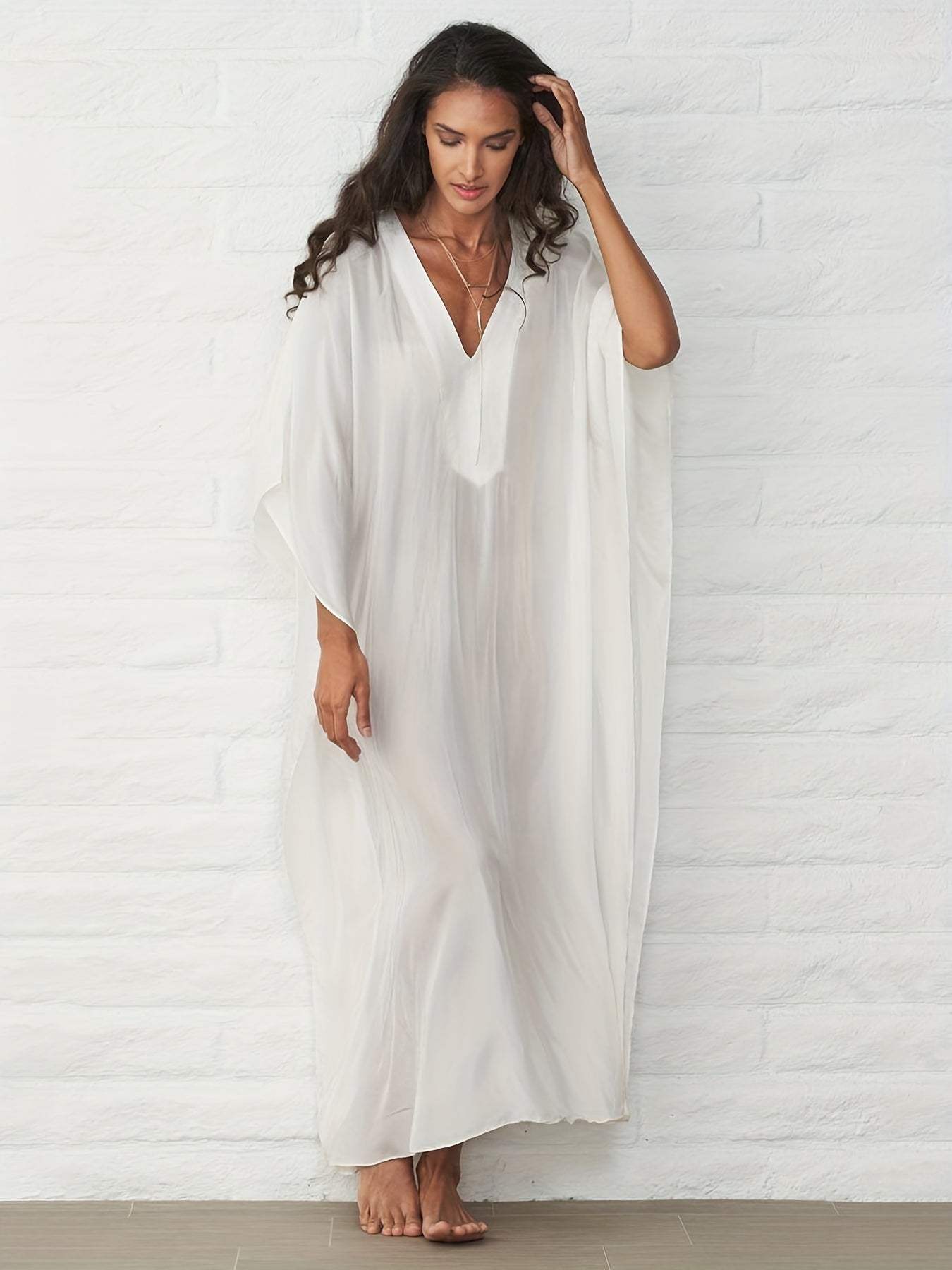  Solid Bat Sleeve V Neck Maxi Cover Up Dress