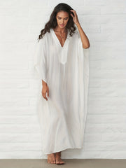  Solid Bat Sleeve V Neck Maxi Cover Up Dress