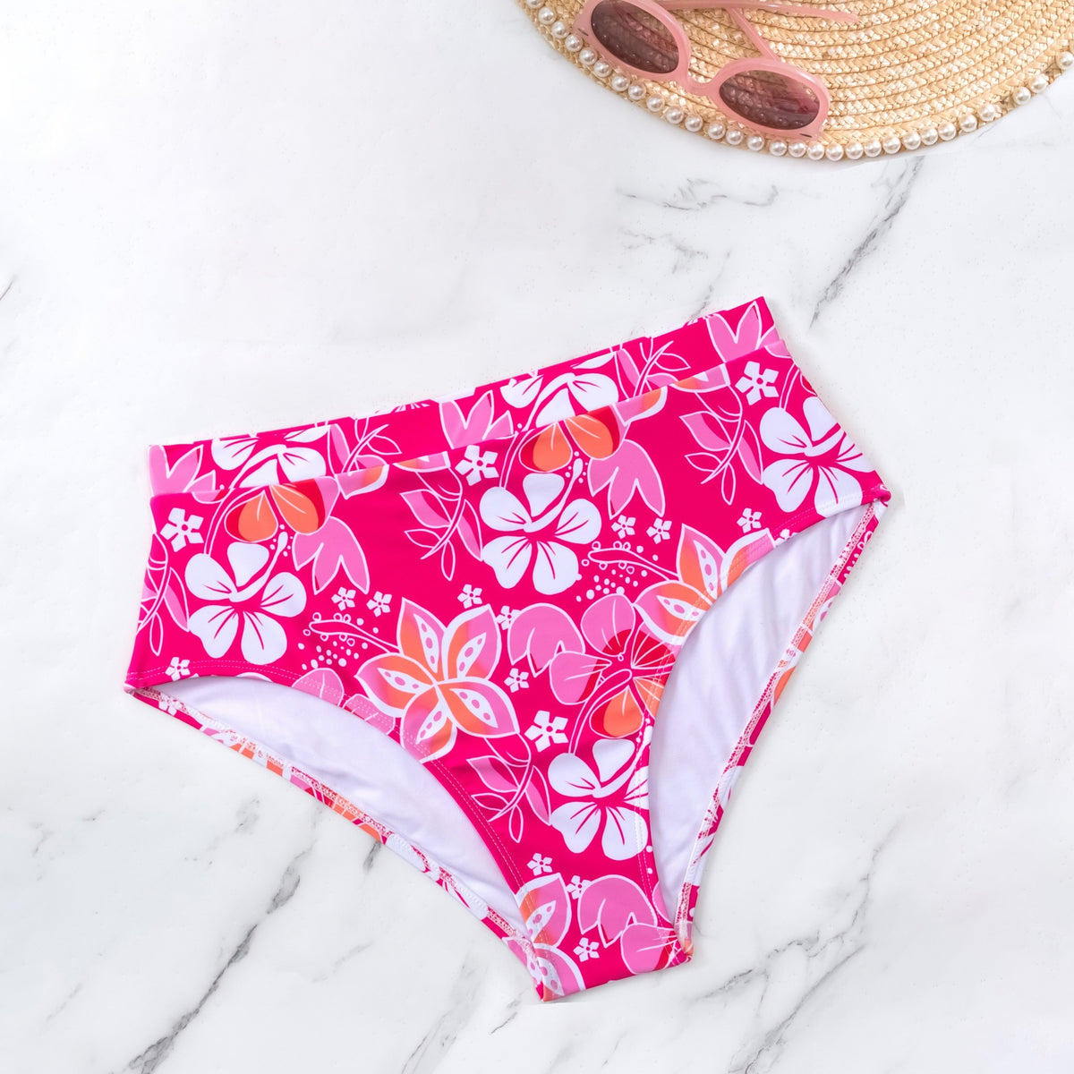 Pink Floral Print High Waist Bikini Bottoms