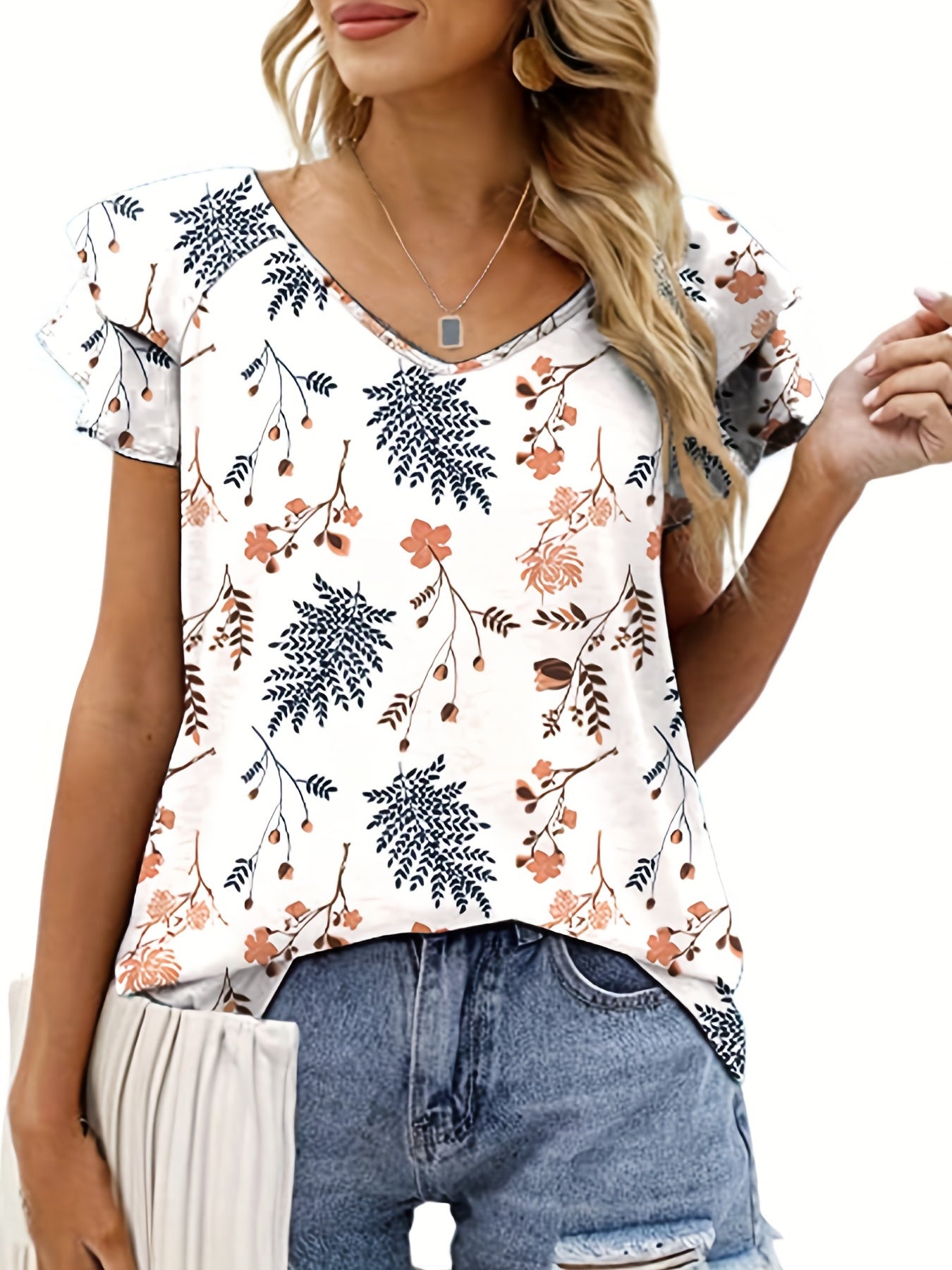  Casual Blouse Women's Plus Allover Print Layered Cap Sleeve V Neck Top