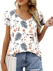  Casual Blouse Women's Plus Allover Print Layered Cap Sleeve V Neck Top