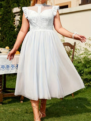  Contrast Lace Ruffle Trim Mesh Formal Party Dress
