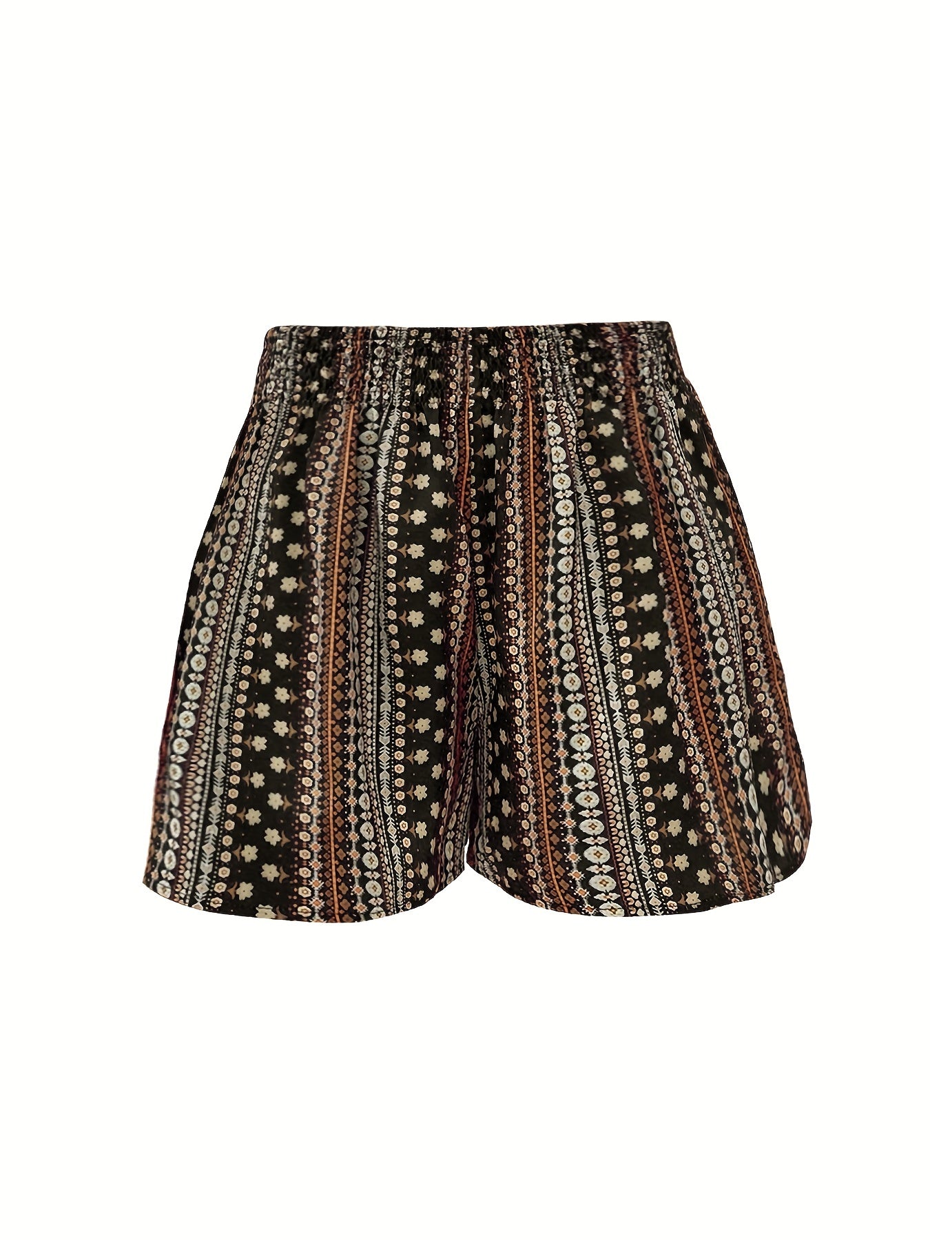  Boho Shorts Women's Plus Colorblock Ditsy Print Elastic High Rise