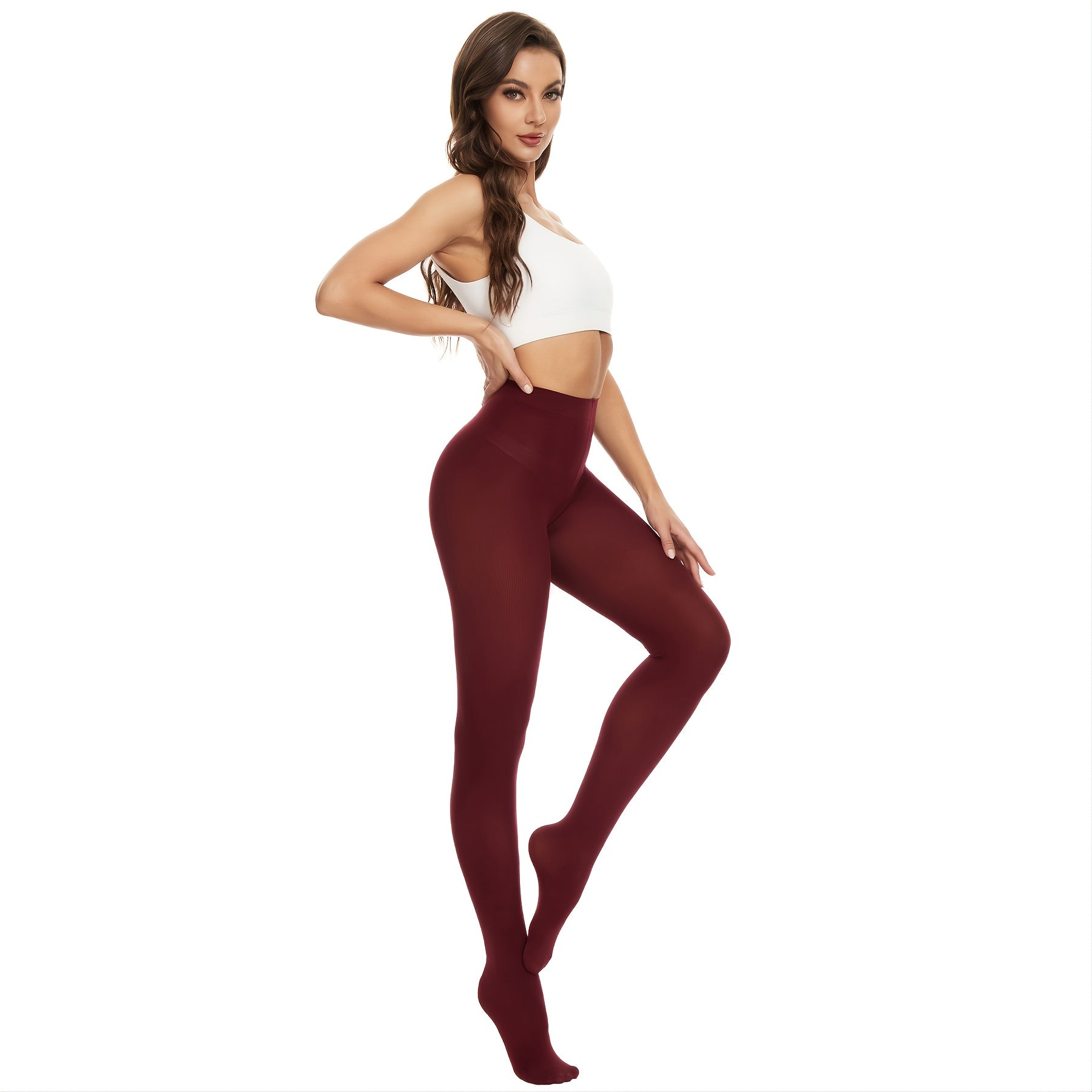 Women's 80 Denier Tights Soft Opaque Solid Footed Pantyhose in Wine Red