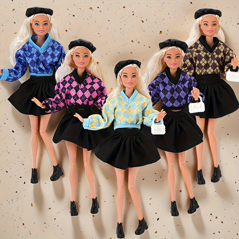 Plaid Doll Clothes Set - Sweater, Skirt, Hat, Bag