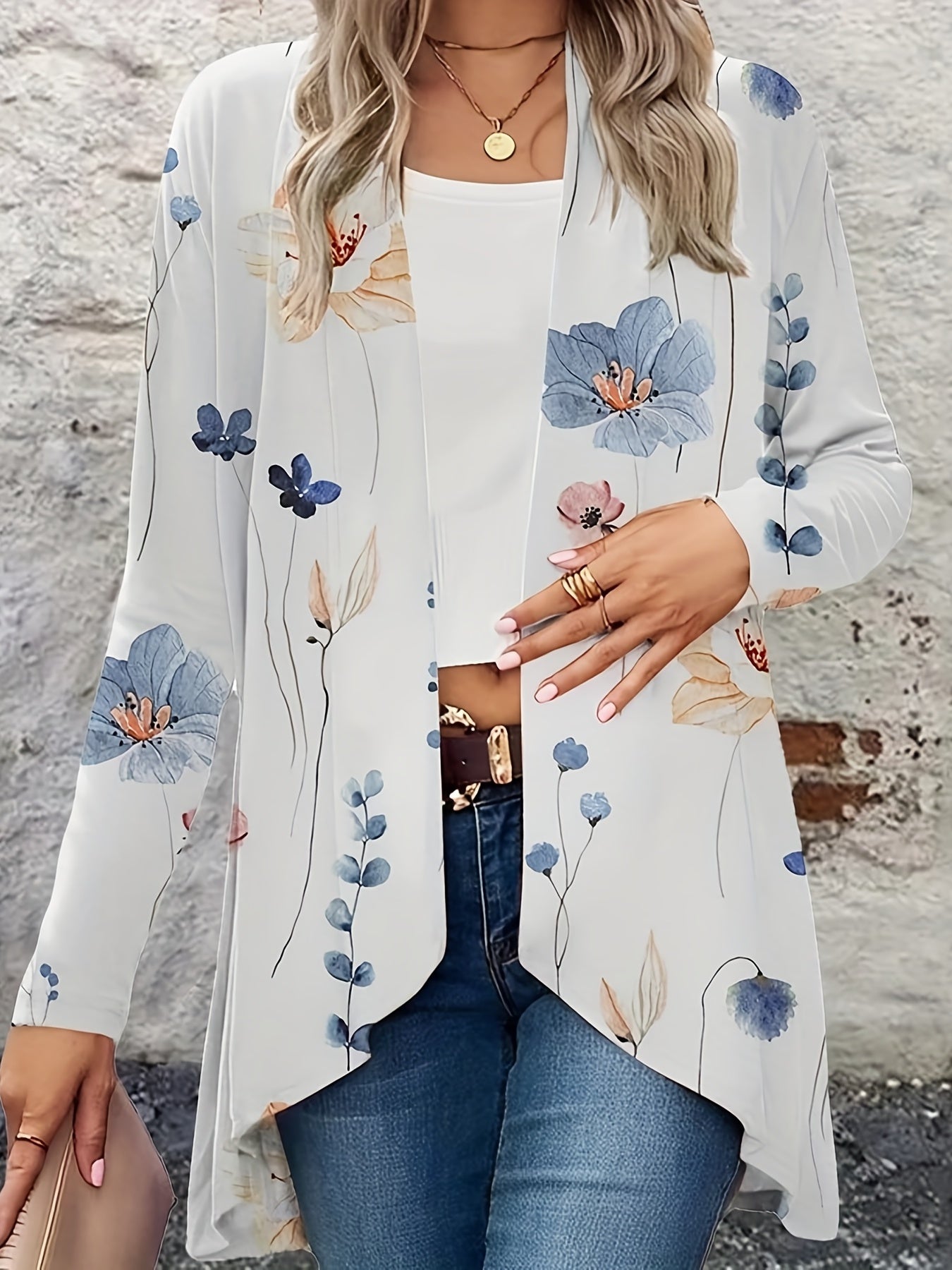  Floral Print Long Sleeve Open Front Cardigan