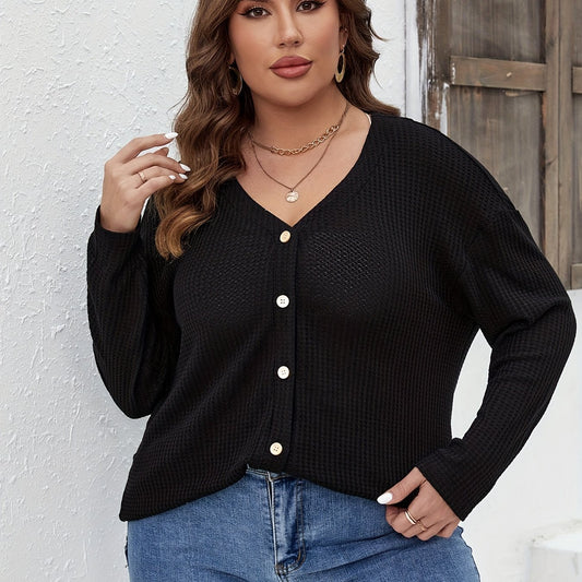  Long Sleeve Button Front Waffle Knit Tee