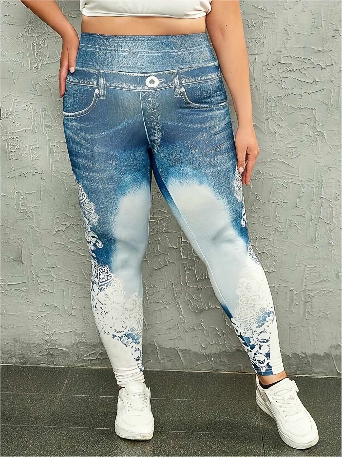  Denim & Lace Print High Rise Stretch Skinny Leggings