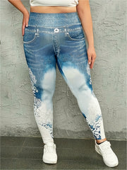  Denim & Lace Print High Rise Stretch Skinny Leggings