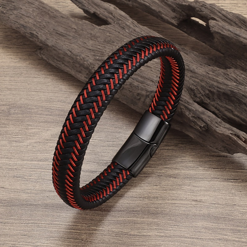 Men's Red Leather Braided Bracelet Magnetic Buckle
