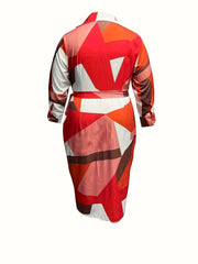  Colorblock Geometric Print Long Sleeve Midi Dress