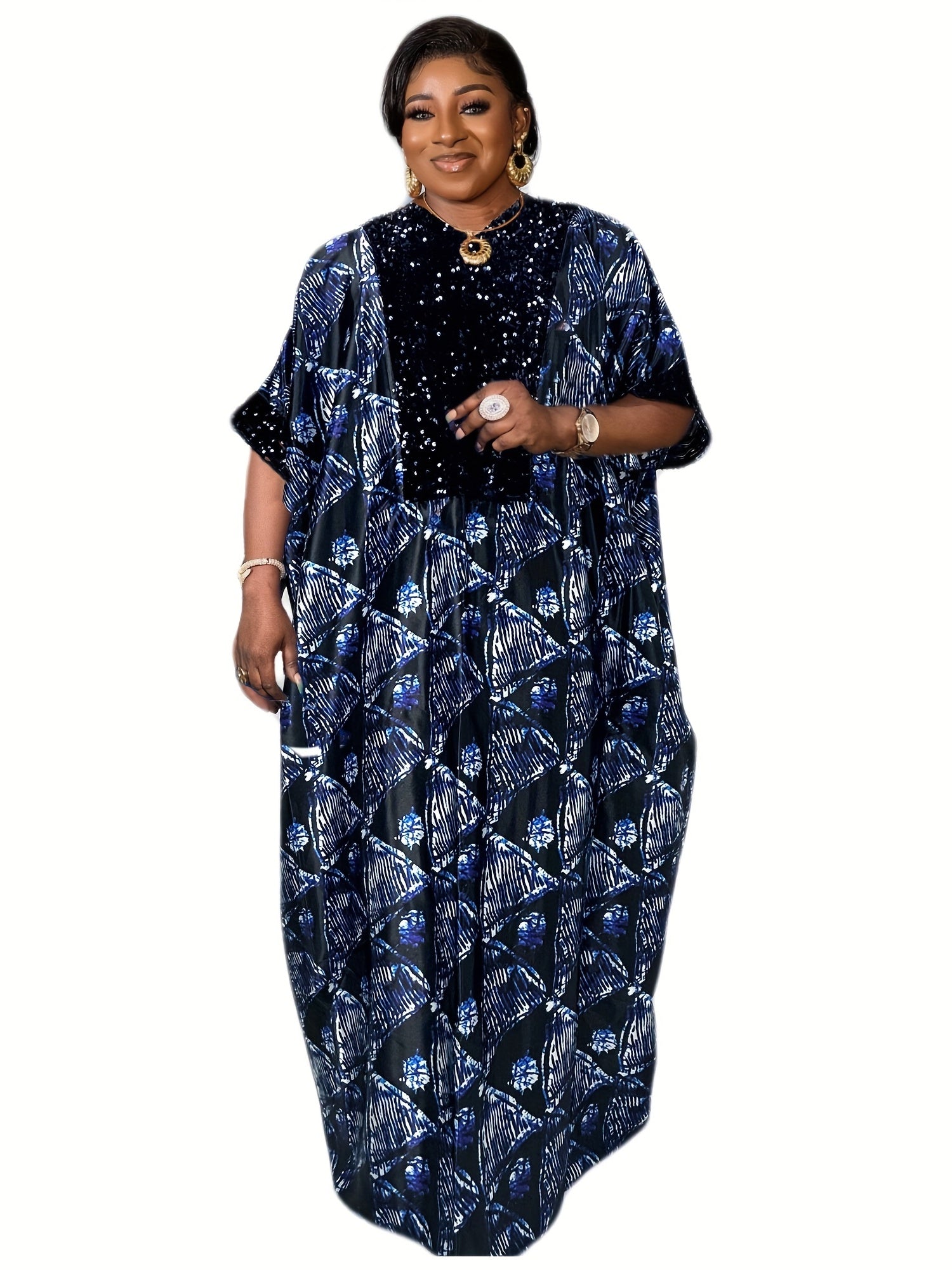  Abaya Dress Geometric Print Maxi Kaftan Dress