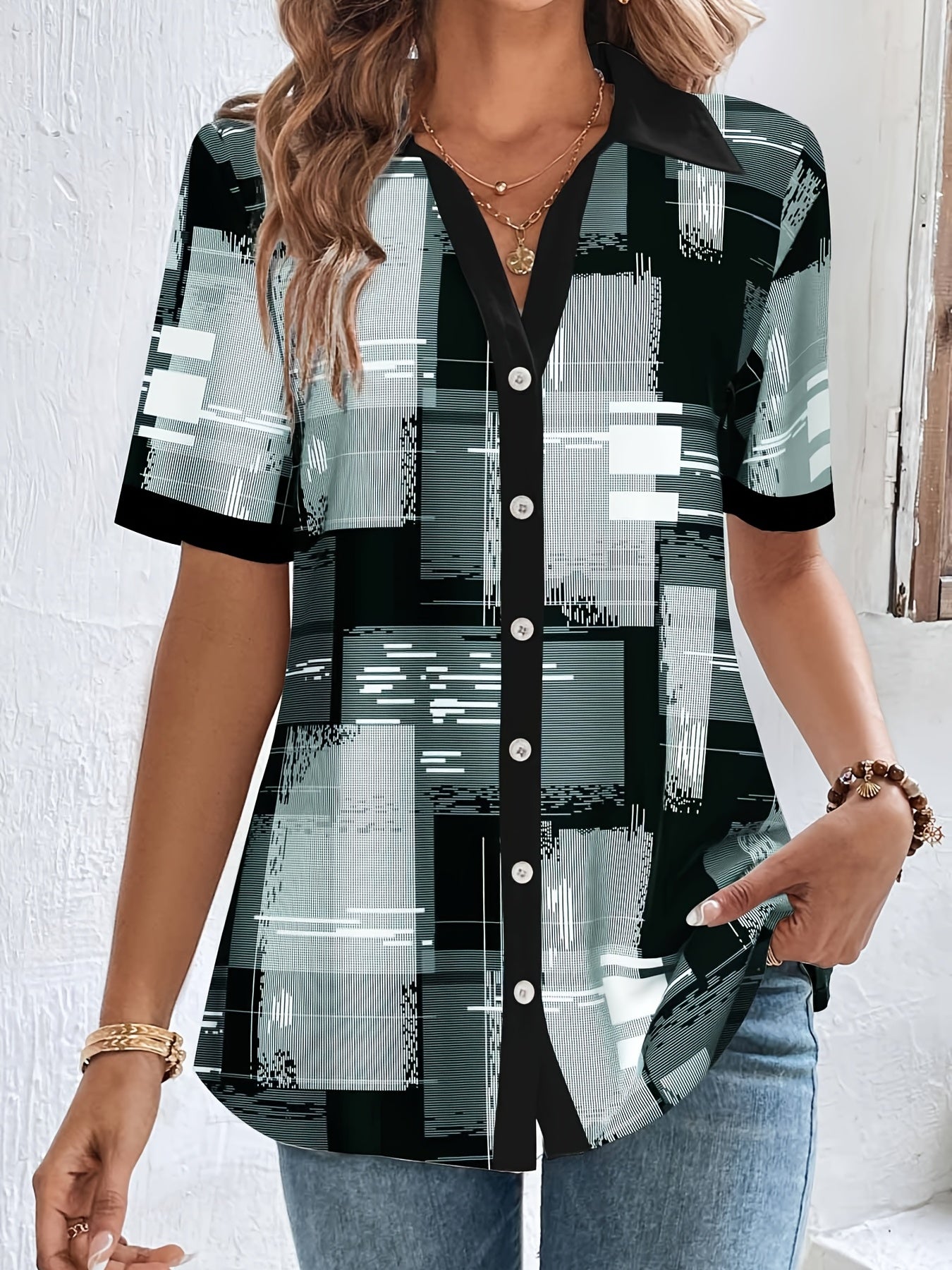  Colorblock Button Up Short Sleeve Blouse