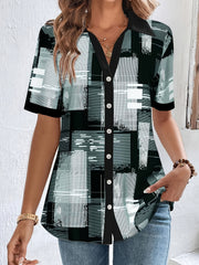  Colorblock Button Up Short Sleeve Blouse