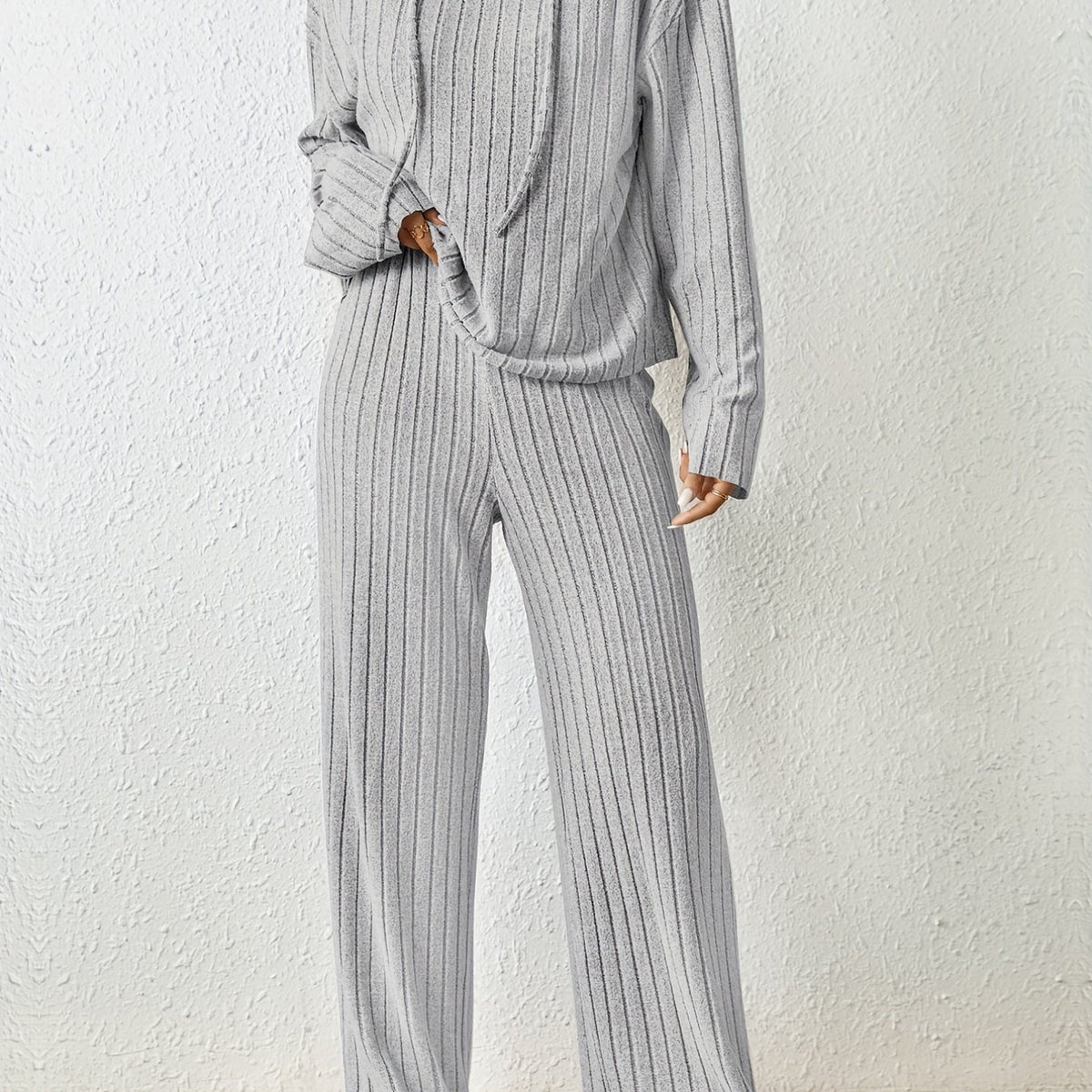 Solid Knit 2pc Set Long Sleeve Hoodie & Wide Leg Pants