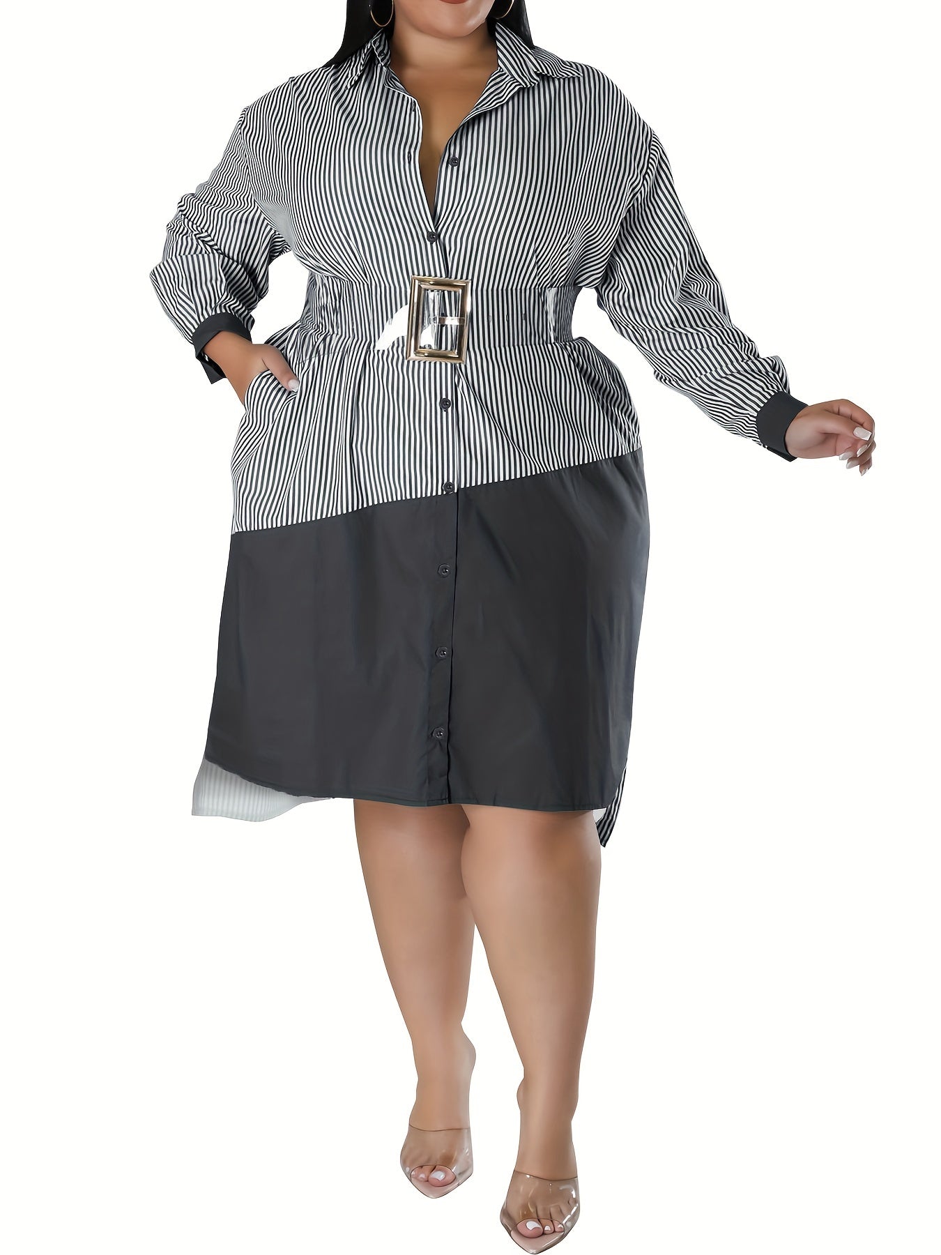  Colorblock Stripe Print Button Up Long Sleeve Midi Shirt Dress