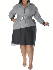  Colorblock Stripe Print Button Up Long Sleeve Midi Shirt Dress