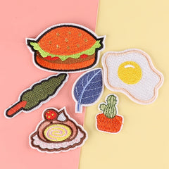 6pcs Hamburger Leaf Egg Cake Embroidery Patches Fabric Art Decor DIY Clothes Acc