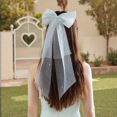 Bridal Hair Bow with Flowing Mesh Veil Wedding Prom Hair Accessory