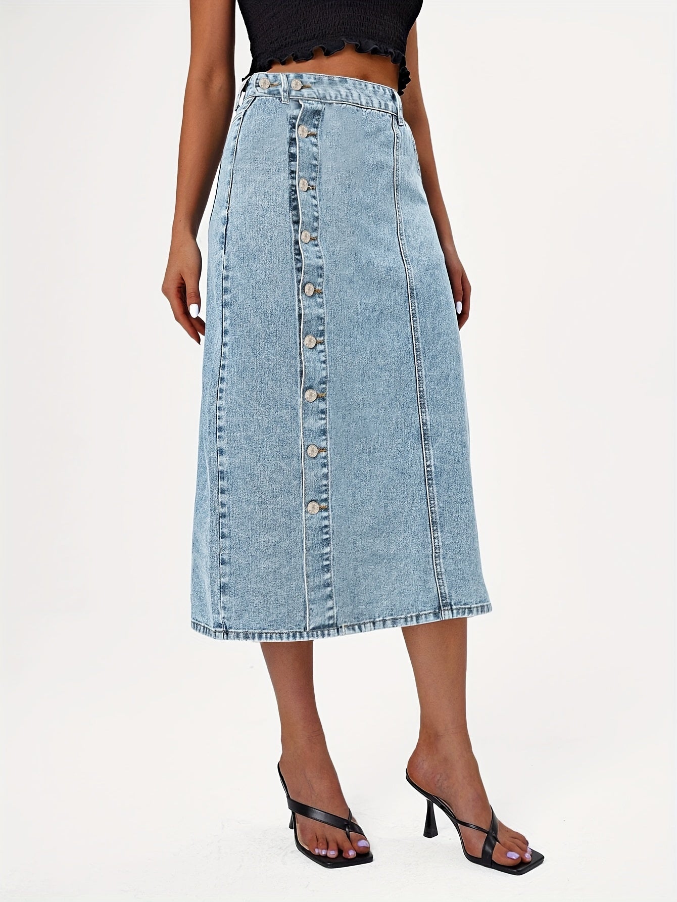 High Waist Button Fly Denim Skirt