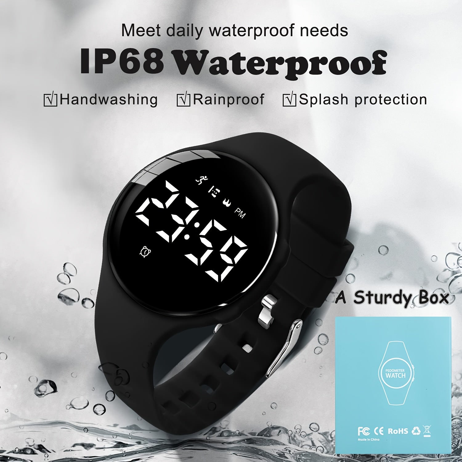 Boys' Waterproof Alarm Clock Digital Watch with Pedometer - USB Rechargeable