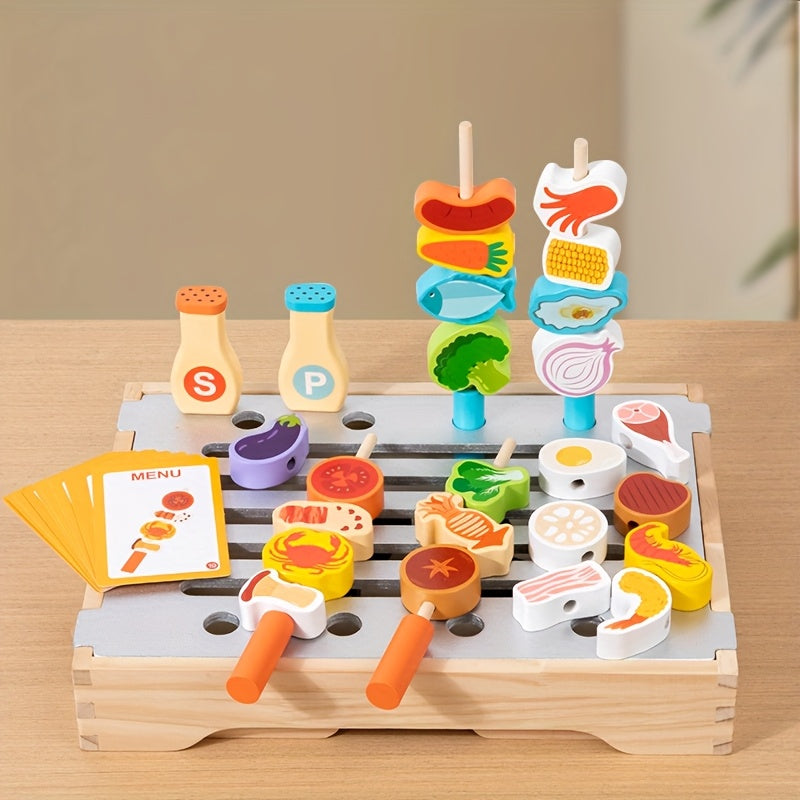 Wooden BBQ Toy Set 34pcs Kitchen Toys Little Barbecue Host Realistic Food