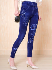 Denim & Floral Print Slimming Yoga Leggings High Stretch Slim Fit