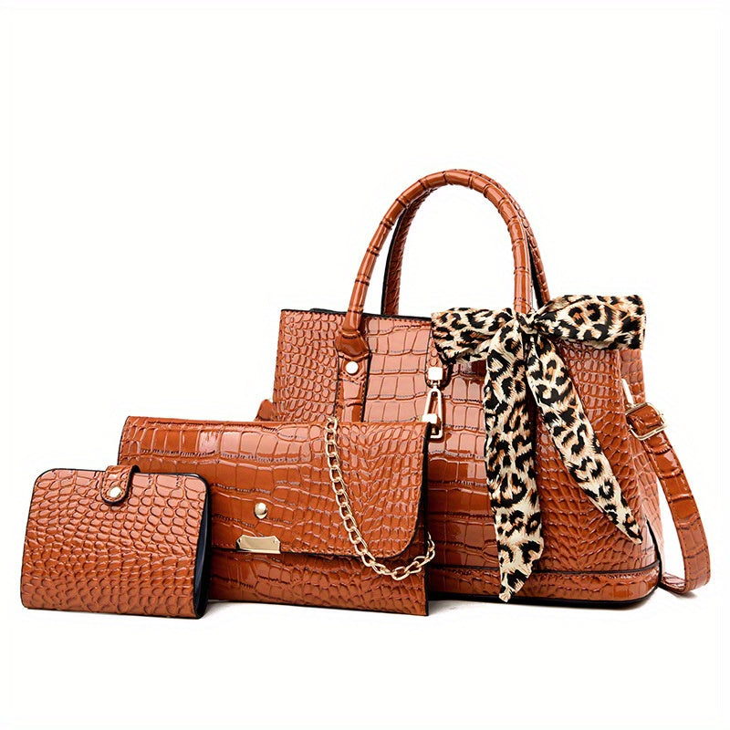 3 Pcs Crocodile Embossed Bag Set Tote Shoulder Clutch Card Case