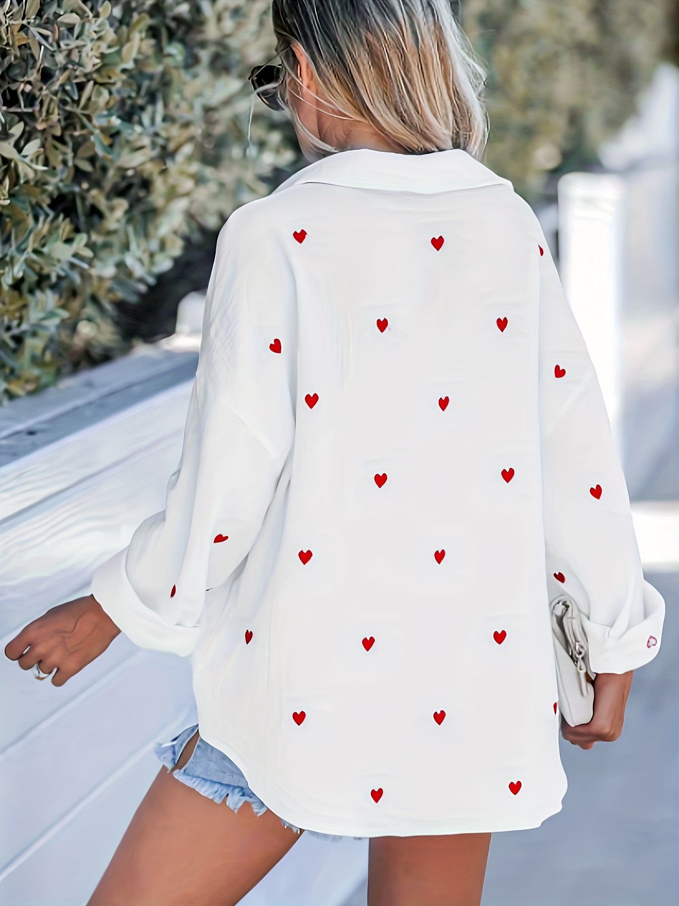  Heart Print Button Up Long Sleeve Blouse