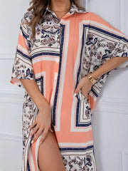  Colorblock Paisley Print Button Up Boho Dress