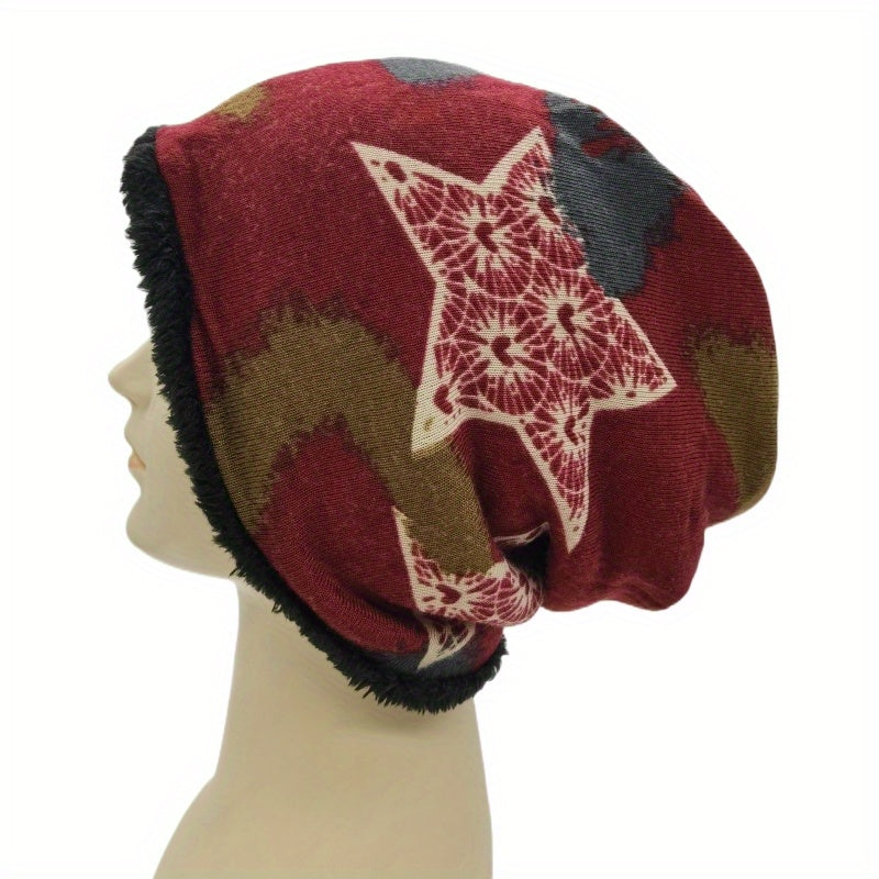 Vintage Pentagram Print Beanie Cap Warm Plush Knit Hat Women Chemo Hat