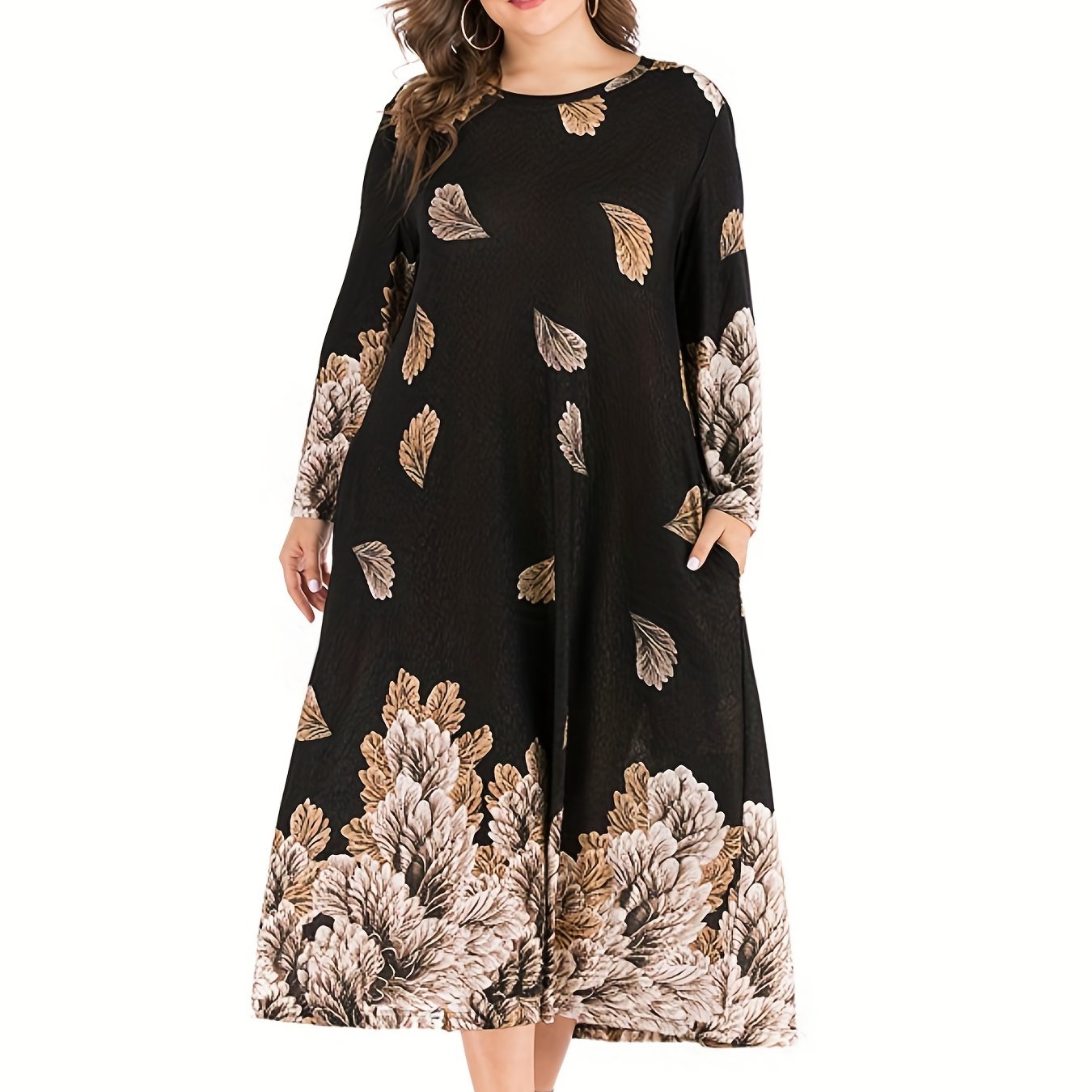  Leaf Print Maxi Dress Long Sleeve Round Neck Loose Fit