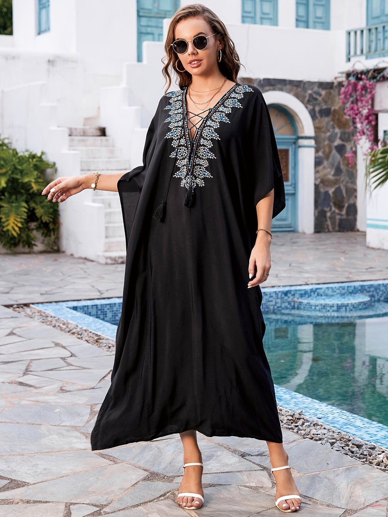 Boho Kaftan Dress Women's Plus Floral Embroidered Bat Sleeve