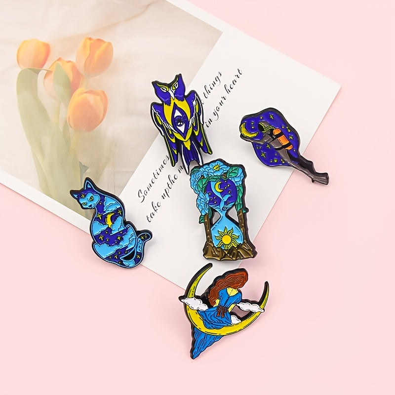 Starry Cat Moon Girl Hourglass Diver Double Head Bird Brooch