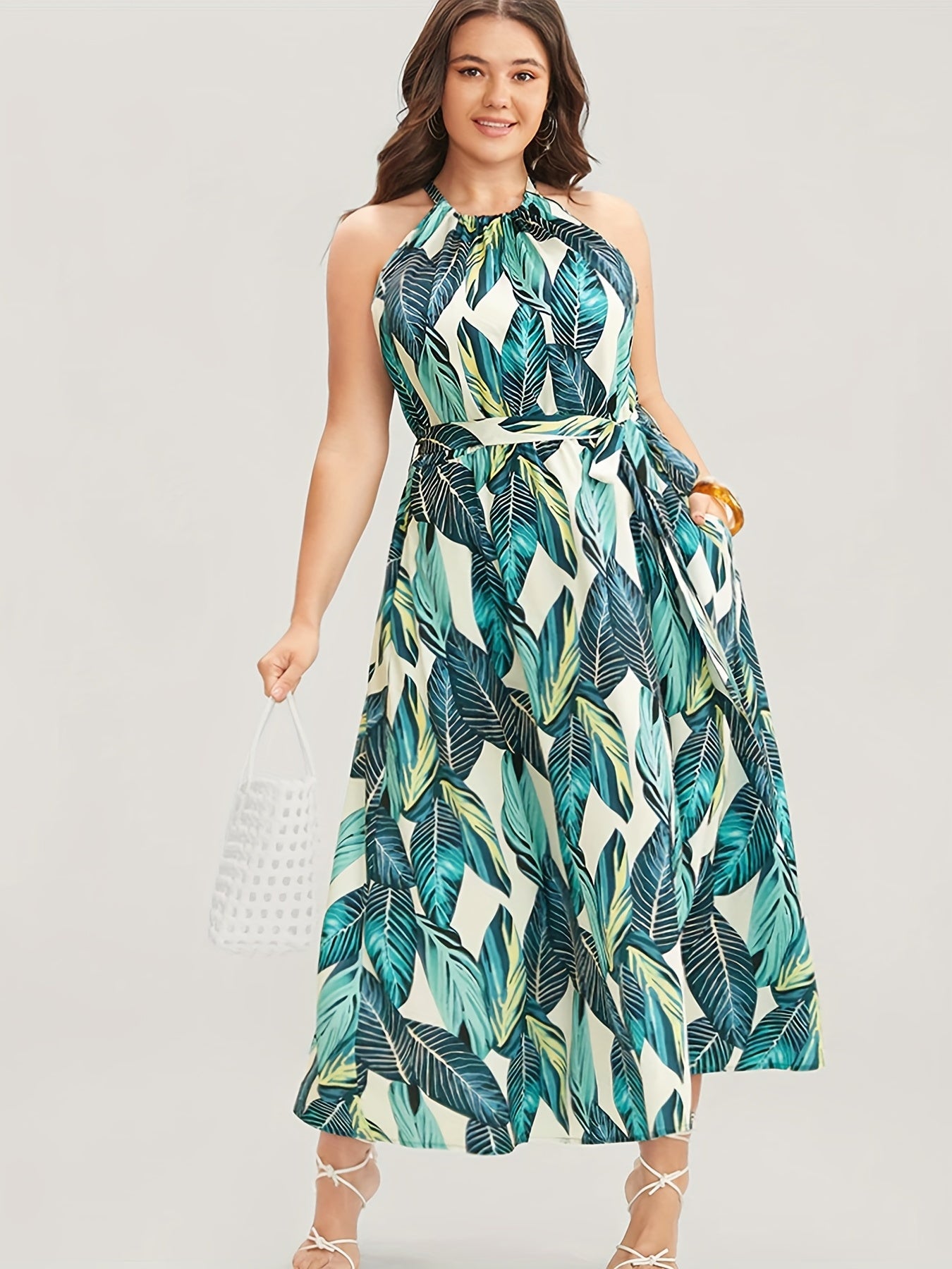  Tropical Print Halter Neck Maxi Dress With Pockets