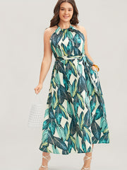  Tropical Print Halter Neck Maxi Dress With Pockets