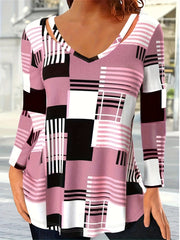  Colorblock Geo Print Long Sleeve V Neck Tunic Top
