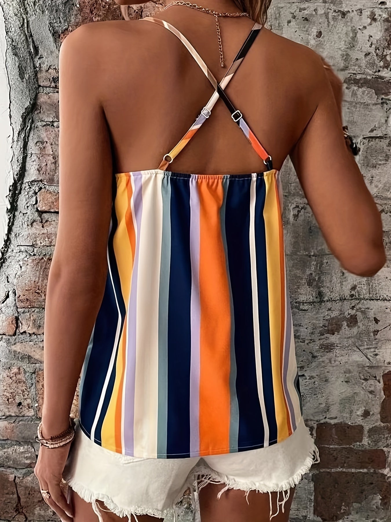  Colorblock Stripe V Neck Tank Top