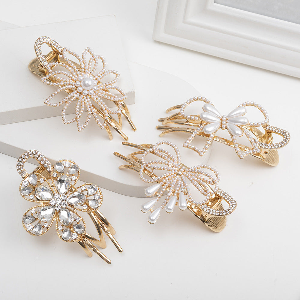 Flower Duckbill Clip Faux Pearl Hair Barrette Crystal Ponytail Hair Pins