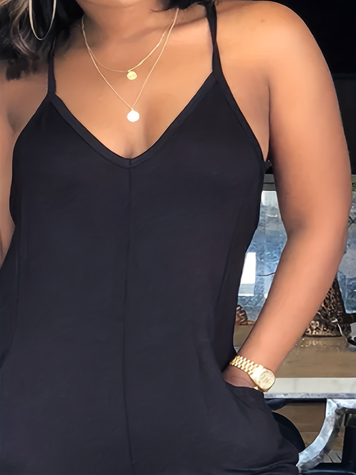  V Neck Basic Jumpsuit with Pockets