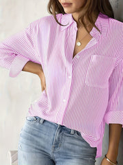  Stripe Print Button Up Long Sleeve Blouse