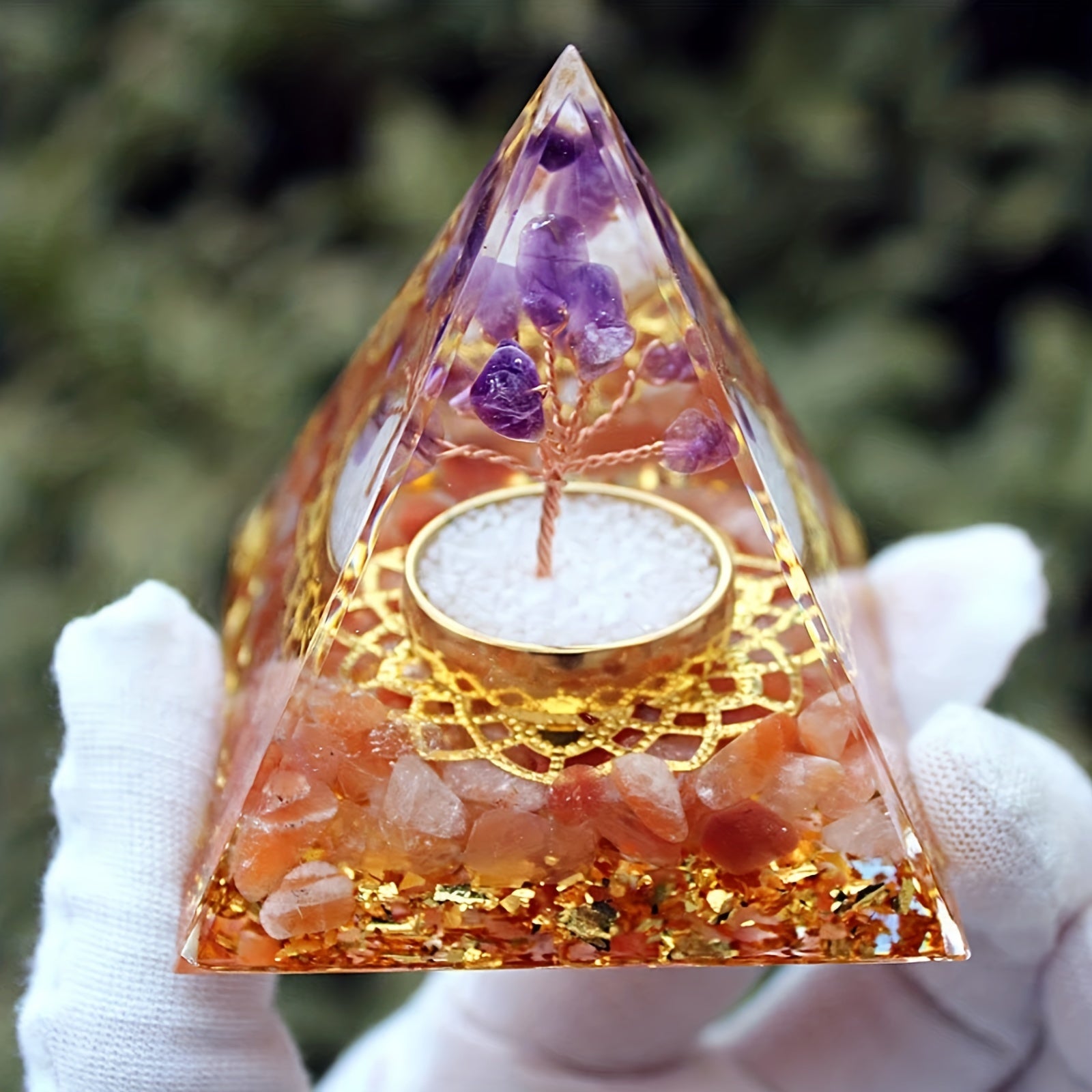 Tree Of Life Orgone Pyramid with Amethyst Ball